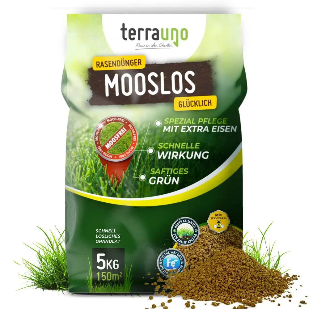 Rasendünger mit Eisen – Mooslos Glücklich für tiefgrünen Rasen – Terrauno