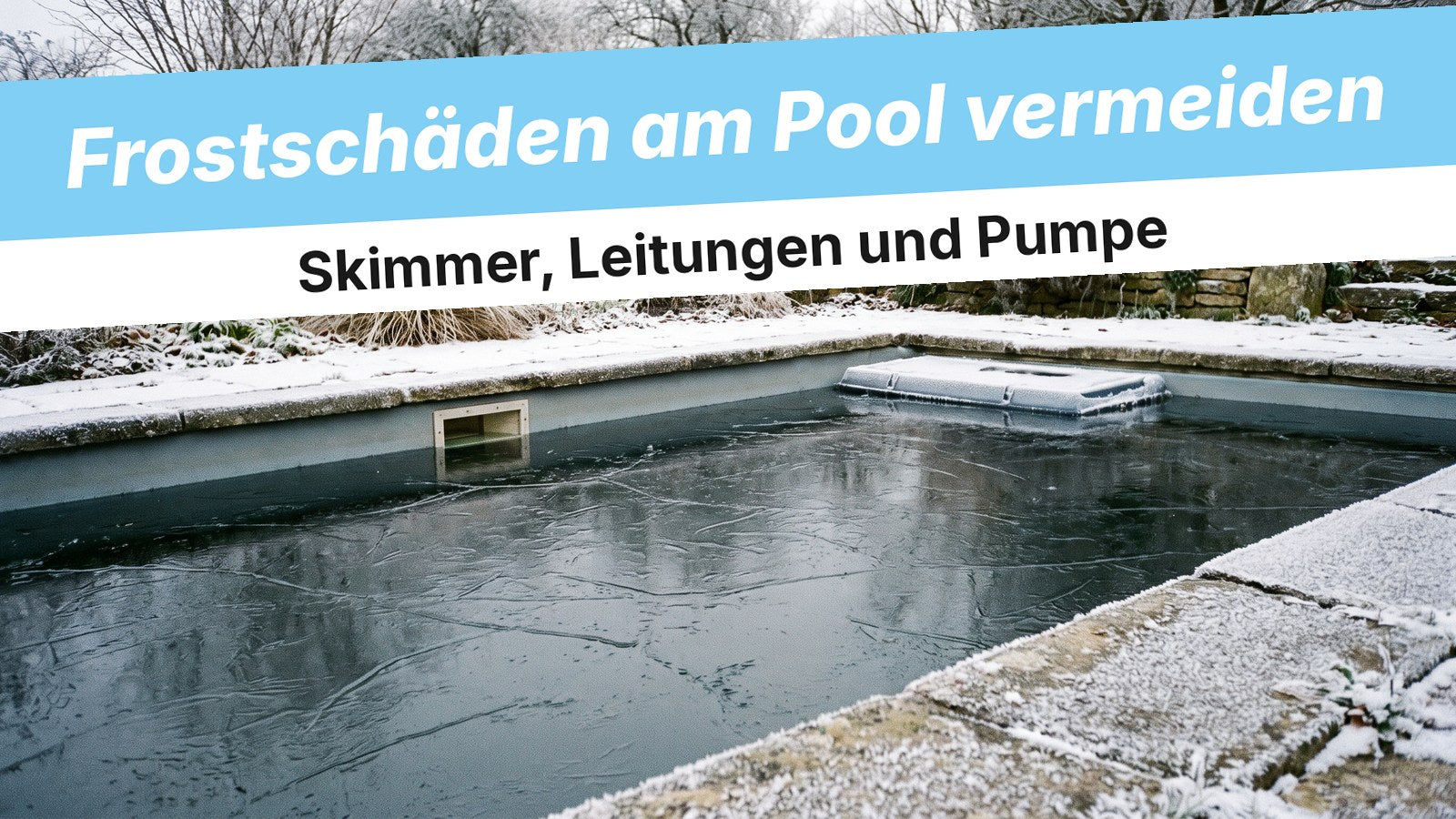 Gartenpool im Winter mit Eisschicht und Raureif am Skimmer