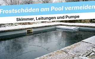 Gartenpool im Winter mit Eisschicht und Raureif am Skimmer