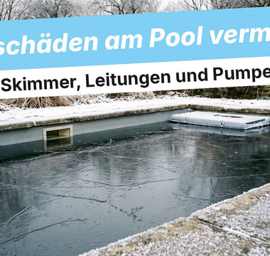 Gartenpool im Winter mit Eisschicht und Raureif am Skimmer