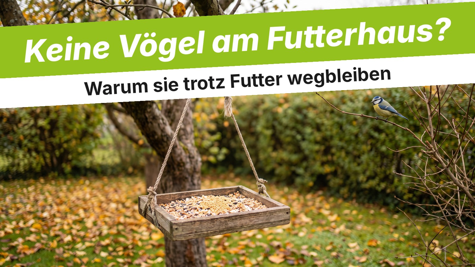 Gefülltes Futterbrett im herbstlichen Garten ohne Vögel, nur eine Blaumeise wartet auf einem Zweig in der Nähe