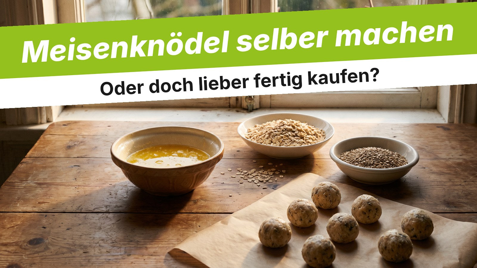 Selbstgemachte Meisenknödel aus Fett und Flocken auf dem Küchentisch