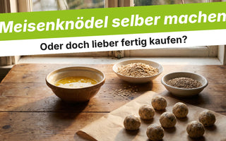 Selbstgemachte Meisenknödel aus Fett und Flocken auf dem Küchentisch