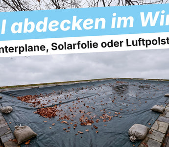 Pool mit gespannter Winterplane und Herbstlaub
