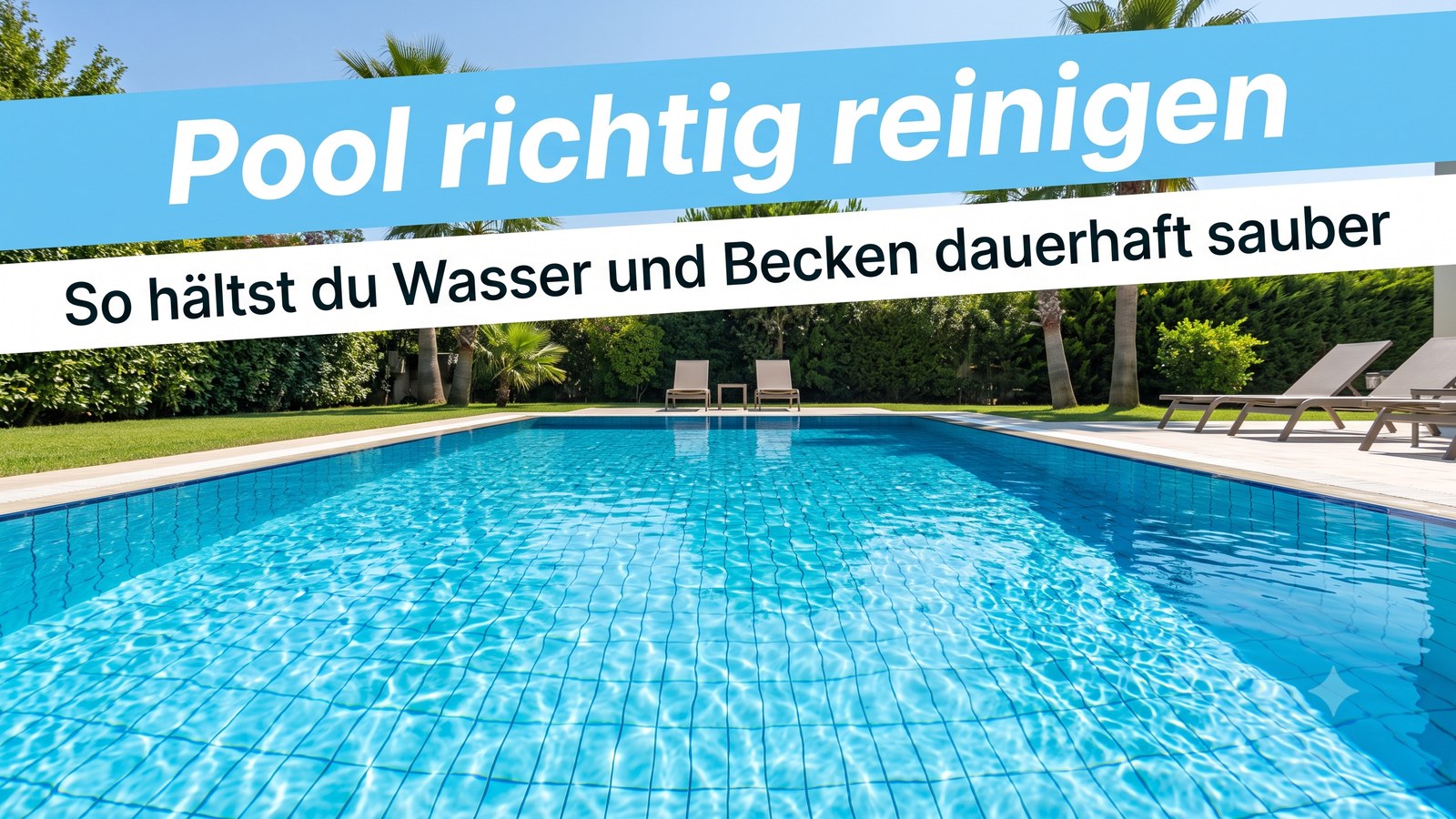 Blitzsauberer Gartenpool mit klarem blauem Wasser und sichtbarem gefliestem Beckenboden in sonnigem Garten