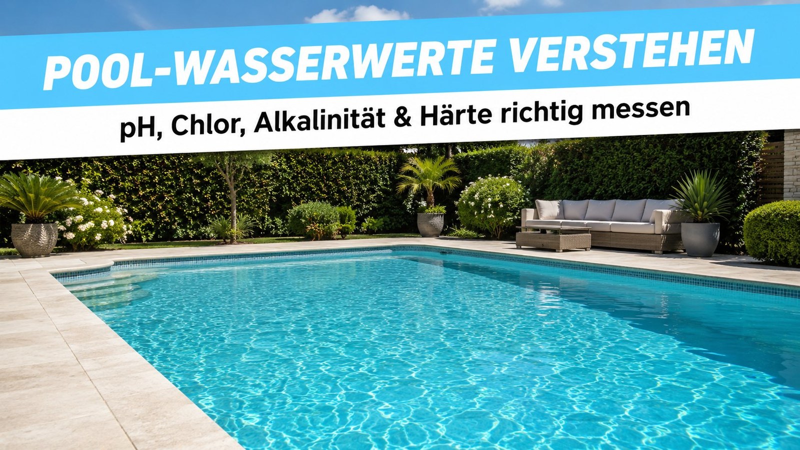 Sauberer Pool mit Banner POOL-WASSERWERTE VERSTEHEN – TerraUno Pillar zu pH, Chlor, Alkalinität und Härte
