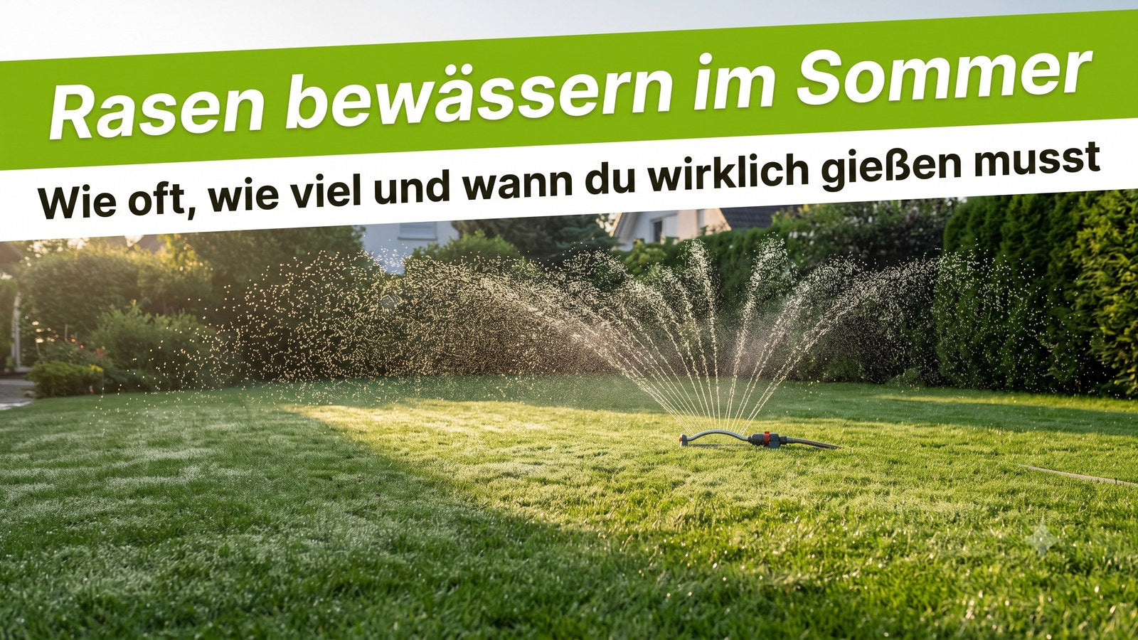 Grüner Rasen wird im Sommer bei Morgensonne mit einem Sprenger bewässert, feine Wassertropfen über dem Gras