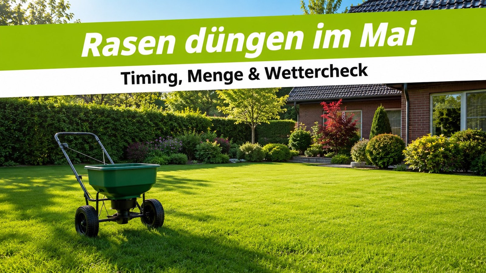 Rasen düngen im Mai – Düngerstreuer auf sattem grünem Rasen im Morgenlicht