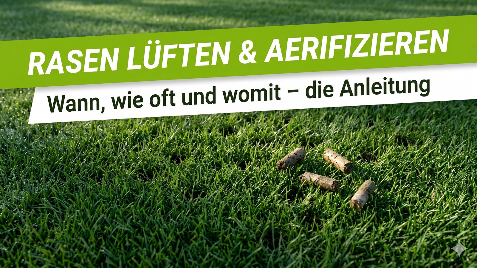 Dichter grüner Rasen mit kleinen Belüftungslöchern und Erdkernen nach dem Aerifizieren im Morgenlicht