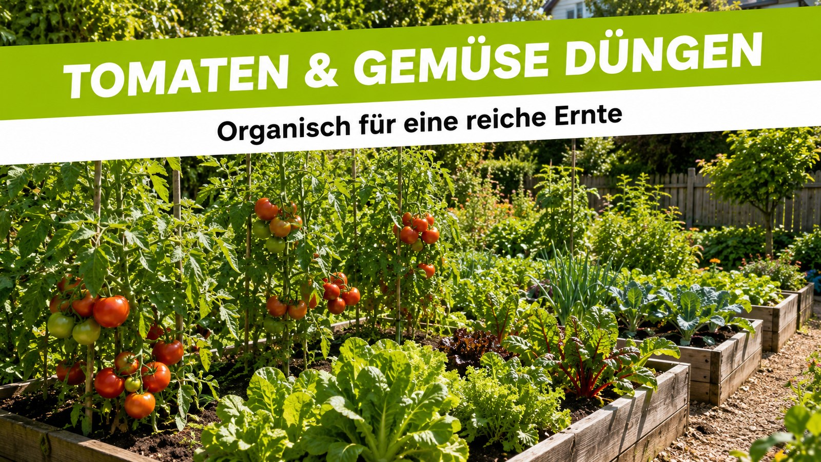 Sonniges Gemüsebeet mit Tomaten, Mangold und Salat in Hochbeeten – organisch gedüngtes Gemüse im Garten