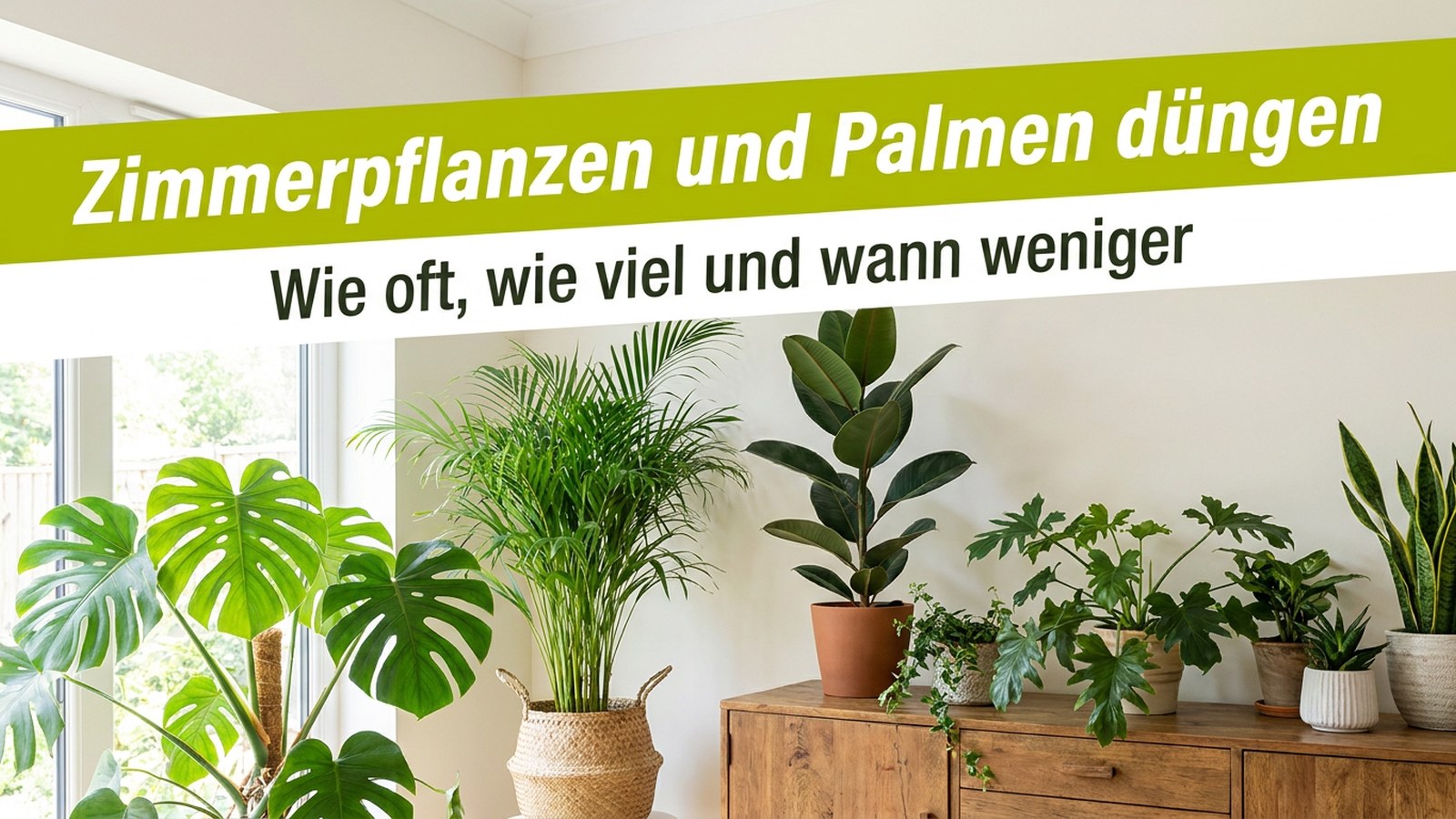 Wohnzimmer mit Monstera, Areca-Palme und Grünpflanzen – Zimmerpflanzen und Palmen düngen