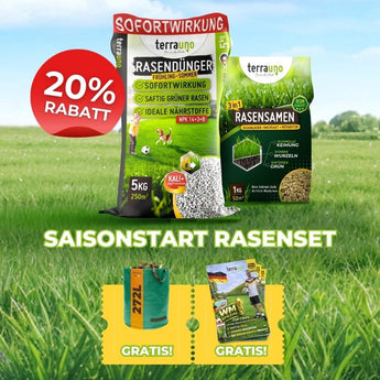 Werbebild von TerraUno Saisonstart-Rasenset mit deutschem Text. Mit Düngersack, Rasensamenbox, "20 Rabatt"-Plakette und Gratisgeschenken: Sporttasche und Wildblumensamen. Text: "SAISONSTART RASENSET".