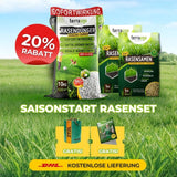 Werbebild für das Saisonstart-Rasenset von TerraUno mit Rasendünger- und Rasensamenpackungen, einer 20-Rabatt-Plakette, kostenlosen Geschenken, einem Banner für den kostenlosen DHL-Versand und Text: Saisonstart-Rasenset.