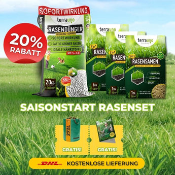 Werbebild für TerraUno Saisonstart-Rasenset, das Säcke mit Dünger und Rasensamen mit dem Etikett "20 Rabatt", kostenlose Geschenke und kostenlosen DHL-Versand zeigt - alles vor einem grasbewachsenen Hintergrund.