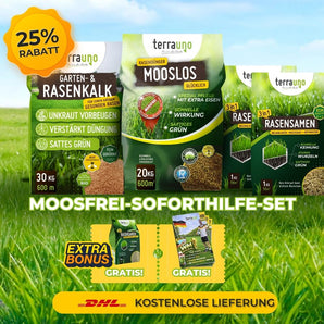 Werbung für das Moosfrei Soforthilfe Set: Mit Rasenkalk, Mooslos, Rasensamen, 25 % Rabatt, gratis Extra-Bonus und kostenloser DHL Lieferung – alles präsentiert auf grünem Hintergrund.