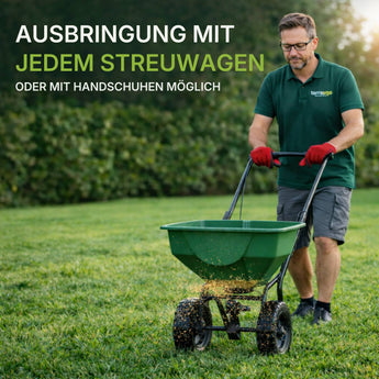 Ein Mann mit Brille, roten Handschuhen und grünem Polo benutzt einen grünen Rasendünger auf Gras für tiefgrüner Rasen. Deutscher Text wirbt für TerraUno Rasendünger mit Eisen - Mooslos Glücklich - Angebot, verwendbar mit jedem Spreizer oder Handschuhen.