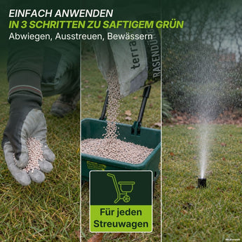 Rasenpflege in drei Schritten: Eine Hand mit Handschuh hält TerraUno Premium – Herbst-Rasendünger-Granulat, das Granulat wird in einen Streuer geschüttet und anschließend wird der Rasen bewässert. Der deutsche Text hebt die einfache Drei-Schritte-Anwendung für sattgrünen Rasen hervor und hilft Ihnen dabei, Ihren Rasen optimal auf den Winter vorzubereiten. Ein Symbol zeigt an, dass der TerraUno Herbst-Rasendünger für alle Streuwagen geeignet ist.