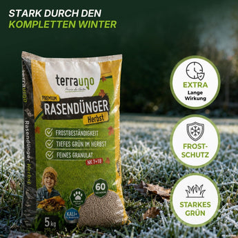 Ein Sack „TerraUno Premium – Herbst-Rasendünger“ liegt auf frostbedecktem Rasen. Drei Symbole stehen für lang anhaltende Wirkung, Frostschutz und leuchtend grüne Farbe. Der Text darüber lautet: Stark durch den kompletten Winter.