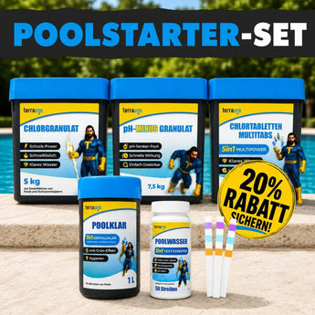 Das TerraUno Poolstarter-Set enthält Chlorgranulat, pH-Minus Granulat, Chlortabletten, Poolklar und Teststreifen für kristallklares Wasser - jetzt mit gelbem 20 Rabatt Badge sichern.