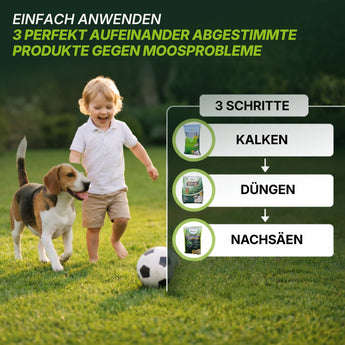 Ein kleiner Junge spielt mit einem Hund und einem Fußball auf grünem Rasen. Daneben zeigen Anweisungen zur Anwendung des Terrauno Moosfrei Soforthilfe Sets für einfaches Kalken, Düngen, Nachsäen und Moosentfernung mit Produktbildern.