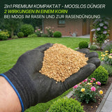 Eine behandschuhte Hand hält Granulatdünger, dahinter Garten, Rasen und Haus. Text nennt es "Moosfrei Soforthilfe Set" von Terrauno - ein 2in1 Premium-Kompaktdünger für Rasenpflege und effektive Moosbekämpfung.