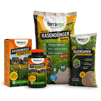 Vier Rasenpflegeprodukte von TerraUno, darunter das „Herbst-Rasendünger-Set + GRATIS Unkrautvernichter – Angebot“ und Rasensamen zur Nachsaat, sind aufrecht auf einem weißen Hintergrund angeordnet, wodurch ihre farbenfrohen Verpackungen und die deutschen Produktetiketten besonders gut zur Geltung kommen.