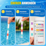 Eine deutsche Infografik erklärt, wie man den TerraUno Aquacheck Teststreifen benutzt: Tauchen Sie den Streifen in Wasser, schütteln Sie den Überschuss ab und vergleichen Sie dann die Farben, um die Qualität des Poolwassers zu überprüfen und den pH-Wert oder Chlor zu messen.