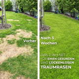 Ein geteiltes Bild zeigt einen Rasen: links Vorher mit braunem, lückenhaftem Gras; rechts Nach 3 Wochen saftig und grün nach Anwendung des TerraUno Saisonstart-Rasensets. Der deutsche Text hebt diese Rasenpflege-Lösung hervor.