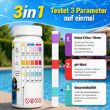Vor blauem Wasser steht ein TerraUno Aquacheck Teststreifen-Behälter mit Farbskala für Chlor, Brom, pH-Wert und Alkalinität. Daneben liegen ein Teststreifen sowie drei beschriftete Parameter-Beschreibungen.