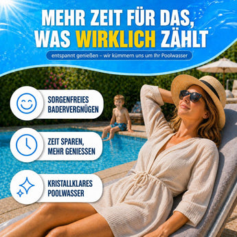 Eine entspannte Frau mit Sonnenbrille und Sonnenhut faulenzt an einem strahlend blauen Pool. Der Werbespot hebt die TerraUno Aquacheck Teststreifen für die stressfreie, zeitsparende Poolpflege mit Icons für pH-Wert und Chlor-Tests hervor.