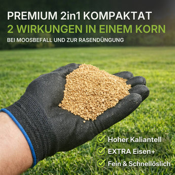 Eine behandschuhte Hand hält TerraUno Rasendünger mit Eisen - Mooslos Glücklich im Freien auf grünem Gras. Der deutsche Text bewirbt diesen hochwertigen 2-in-1-Dünger für Moosentfernung und sattgrünen Rasen mit extra viel Eisen, hohem Kaliumgehalt und schneller Löslichkeit.