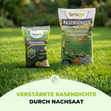 Zwei Saisonstart-Rasenset-Säcke von TerraUno, ein Grassamen und ein Dünger, stehen auf einem leuchtend grünen Rasen. Darunter steht der Text VERSTÄRKTE RASENDICHTE DURCH NACHSaat mit einem grünen Bogen und einem Symbol für sprießende Samen.