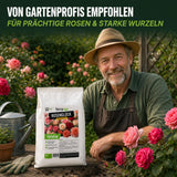 Ein lächelnder Gärtner mit Hut sitzt inmitten blühender Rosen und hält eine Tüte „TerraUno Rosenglück – Bio-Rosendünger“ in der Hand. Der deutsche Text darüber lautet: Von Gartenprofis empfohlen für prächtige Rosen und kräftige Wurzeln. Perfekt für Rosenliebhaber.