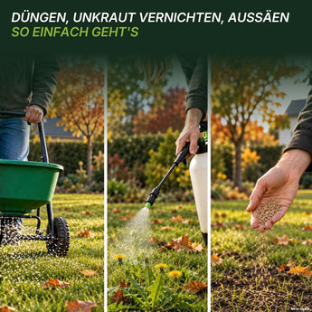 Dreiteiliges Bild: Links verwendet eine Person einen grünen Streuer auf dem Rasen, um TerraUno Herbst-Rasendünger aus dem Herbst-Rasendünger-Set + GRATIS Unkrautvernichter – Angebot auszubringen; in der Mitte sprüht eine andere Person TerraUno Unkrautvernichter auf Unkraut; rechts streut eine Person von Hand Saatgut zur Nachsaat aus. Der deutsche Text oben erklärt, wie man im Rahmen der Rasenpflege düngt, Unkraut mit dem im Set enthaltenen Gratisprodukt entfernt und nachsät.