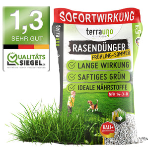 Auf einem 5-kg-Sack „TerraUno Rasendünger Frühjahr und Sommer – Angebot“ Qualitätssiegel 1,3 sind ein Hund und ein Kind auf grünem Rasen abgebildet, was auf langanhaltend üppiges Wachstum und ideale Nährstoffe für eine einfache Rasenpflege hinweist.