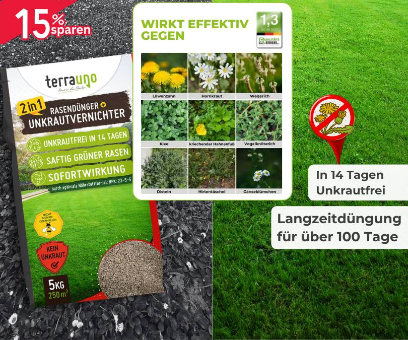 Produktwerbung für terrauno 2in1 Rasendünger Unkrautvernichter mit grünem Rasen, Unkrautbekämpfung, Stoppuhr für 14 Tage Unkrautbeseitigung und Text, der die 100-Tage-Düngewirkung und 15 Ersparnis hervorhebt.