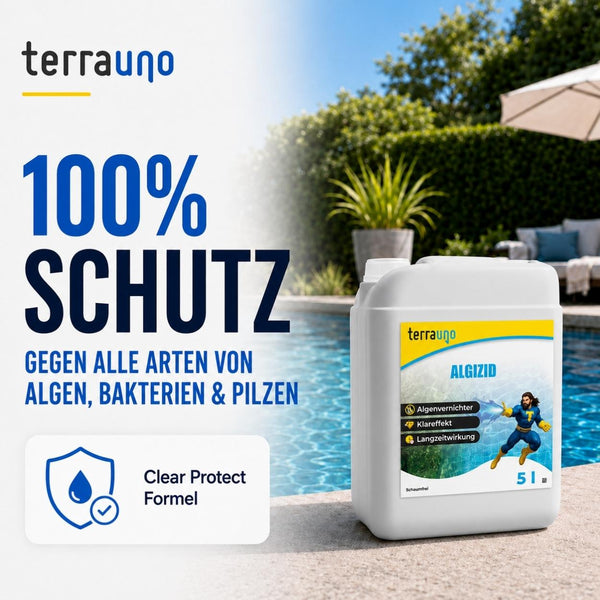 Ein Behälter mit dem Poolreiniger „TerraUno Algizid mit Klareffekt“ neben einem Schwimmbecken, auf dem „100  Schutz gegen Algen, Bakterien und Pilze“ hervorgehoben wird und der Produktvorteile wie „chlorfreie Algenbekämpfung im Pool“ sowie ein Symbol für die „Clear Protect Formula“ zeigt.