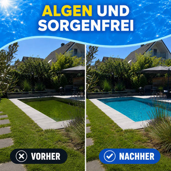 Nebeneinander liegende Fotos vom Pool im Hinterhof: links trübes grünes Wasser mit der Aufschrift Vorher; rechts klares blaues Wasser mit der Aufschrift Nachher. Oben: "Algenfrei  sorgenlos - mit dem TerraUno Anti-Grün-Set" auf einem wässrigen Hintergrund.