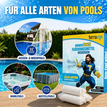 Die TerraUno Flockungskartuschen-Verpackung zeigt Bilder von Innen- und Außenpools, Whirlpools und Aufstellbecken mit Text: "Für alle Arten von Pools - ideal für Poolwasser und Sandfilter mit praktischen Flockungskartuschen.