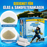 Die TerraUno Flockungskartuschen sind mit Filtermedien, einer Poolszene und einem Superheldenmotiv verpackt, beschriftet für kristallklares Poolwasser und geeignet für Sand- oder Glasfilteranlagen.