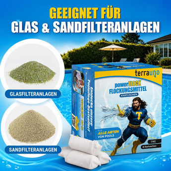 Die TerraUno Flockungskartuschen sind mit Filtermedien, einer Poolszene und einem Superheldenmotiv verpackt, beschriftet für kristallklares Poolwasser und geeignet für Sand- oder Glasfilteranlagen.