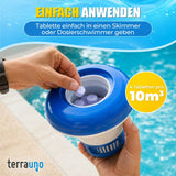 Ein Benutzer gibt TerraUno Mini Chlortabletten - Multitabs 5in1 | 20g in einen blau-weißen Poolspender. Der deutsche Text hebt die einfache Anwendung und Dosierung hervor, wodurch diese Chlortabletten perfekt für kleine Pools sind.
