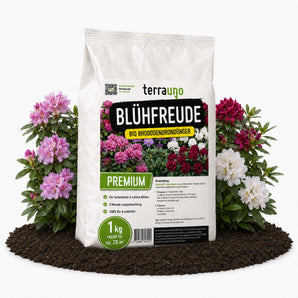 Blühfreude BIO Rhododendrondünger 1 kg von TerraUno – organischer Spezialdünger für prächtige Rhododendren-Blüten