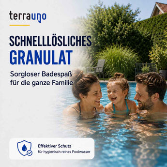 Eine lächelnde Familie – zwei Erwachsene und ein Kind – genießt das Schwimmen in einem makellosen Pool, der von üppigem Grün umgeben ist. Der Text hebt das TerraUno-Chlorgranulat hervor, das für sauberes, hygienisches Poolwasser sorgt und so unbeschwerten Familienspaß garantiert.