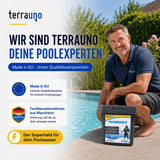 Ein Mann sitzt am Pool und hält einen Behälter mit TerraUno-Chlorgranulat in der Hand. Der Text hebt TerraUno als Pool-Experten und Familienunternehmen aus Mannheim hervor, dessen Produkte in der EU hergestellt werden. Er beschreibt das Chlorgranulat dank seiner hochwertigen Aktivchlor-Formel als „Superhelden“ für Ihr Poolwasser.