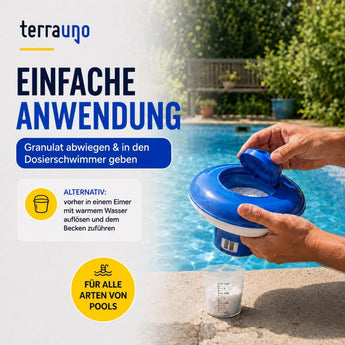 Eine Person füllt TerraUno Chlorgranulat in einen blauen schwimmenden Dosierer am Pool, wobei ein Messbecher griffbereit daneben steht. In der Beschreibung wird die einfache Anwendung sowie die Eignung des Produkts für alle Arten von Poolwasser hervorgehoben.