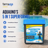 Eine Packung TerraUno Chlortabletten 5 in 1 – 200 g für Pools – Multitabs zur Langzeitpflege steht im Freien auf einem Tisch; auf der Verpackung sind die Vorteile der Poolpflege aufgeführt und ein Comic-Superheld abgebildet. Der Text hebt die 5-in-1-Multipower-Formel für effektive Poolpflege und die einfache Anwendung der Multitabs in jeder Poolsaison hervor.