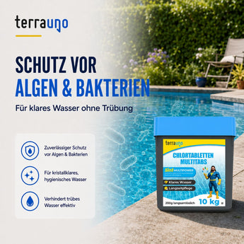 Eine Packung TerraUno Chlortabletten 5 in 1 – 200 g für Pools – Multitabs zur Langzeitpflege, platziert neben einem klaren Schwimmbecken, mit deutschem Text, der für 5-in-1-Schutz vor Algen und Bakterien wirbt, sowie Symbolen, die sauberes und sicheres Wasser für eine effektive Poolpflege hervorheben.