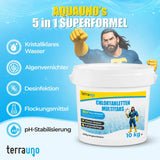 Ein muskulöser Comic-Superheld wirbt für „TerraUno Chlortabletten 5 in 1 – 200 g für Pools – Multitabs zur Langzeitpflege“ und zeigt dabei nach vorne, während die Werbung klares Wasser, Algenbekämpfung, Desinfektion, Flockung und einen stabilen pH-Wert für strahlend saubere Pools hervorhebt.