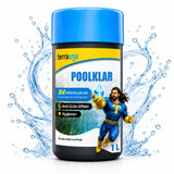 Der 1-Liter TerraUno Poolklar 3-in-1-Poolreiniger zeigt ein Superhelden-Maskottchen mit einem Kristall, Wasserspritzern und Aufklebern für 3in1 Kristallklar, Anti-Grün-Effekt gegen Algenwachstum und Hygiene+ für kristallklares Poolwasser.